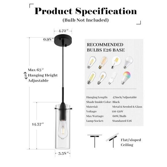 3-Pack Black Pendant Lights Clear Glass Modern Kitchen Island - Picture 4 of 8